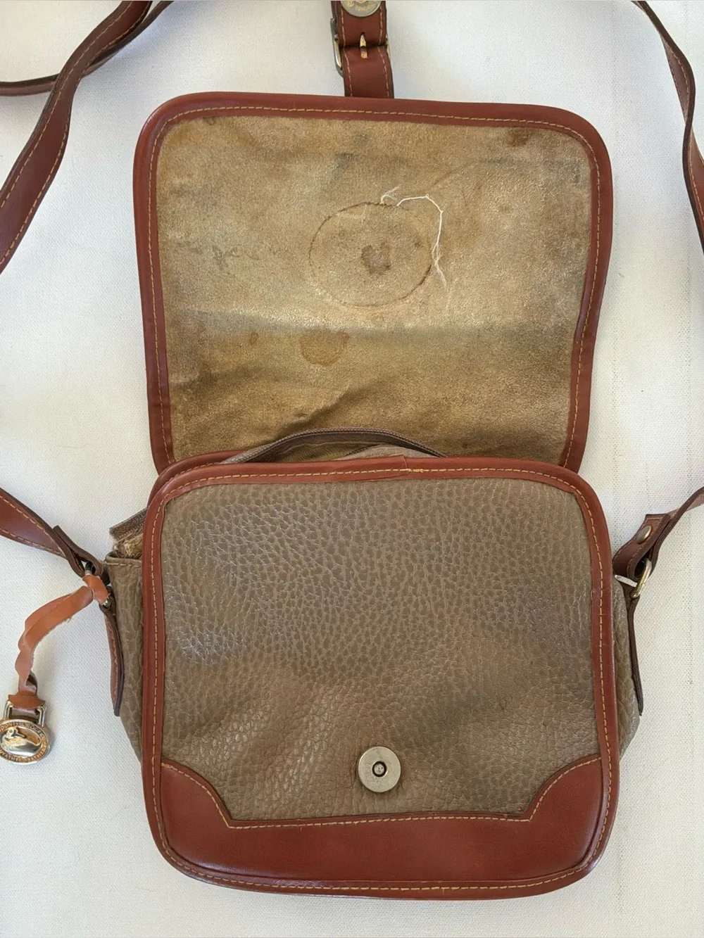 Vintage Dooney & Bourke Leather AWL Taupe & British Tan Crossbody Shoulder Bag